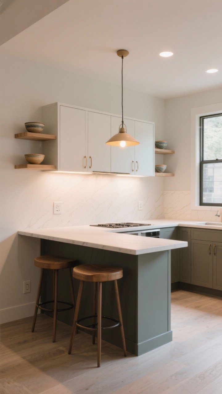 Wide shot from a corner angle: “The Wall-Hugger Peninsula”—a compact peninsula attached at one end forming part of an L-shaped kitchen; counter-height seating with a 10–12 inch overhang, a rounded/chamfered outer corner to soften the tight walkway, open shelving end-caps with a few ceramic bowls; integrated electrical on the cabinet face; warm pendant glow and bright general lighting for a functional mood.