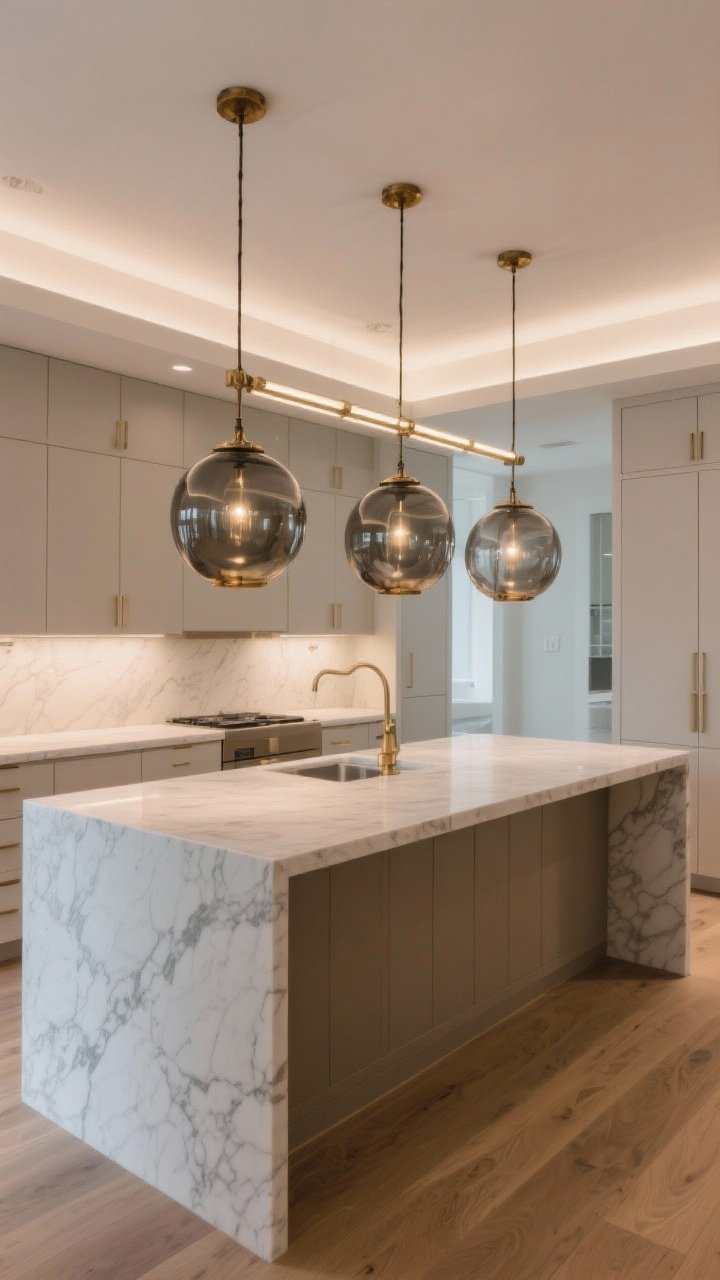 Wide shot: Gallery-lit island with a trio of statement pendants—smoked glass globes with aged brass detailing—hung 32 inches above a marble-look quartz counter, spaced 26 inches apart; dimmer-controlled warm glow, sleek linear chandelier visible over a longer section; neutral cabinetry, light oak floors, and subtle shadows; straight-on viewpoint for symmetry, photorealistic.