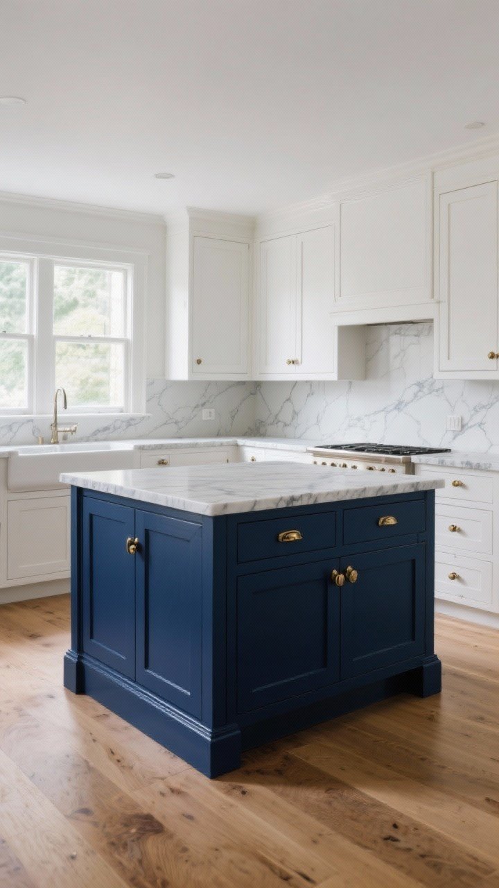 Wide shot highlighting instant contrast via an island base repaint/reface: deep navy lacquered island base with new brushed brass pulls, paired with crisp white perimeter cabinets; durable enamel sheen catching light; subtle veining stone top; matching upgraded knobs and pulls; balanced, modern-classic feel; natural daylight from windows, light oak floors; camera from a slight corner angle to show color contrast and hardware sparkle.
