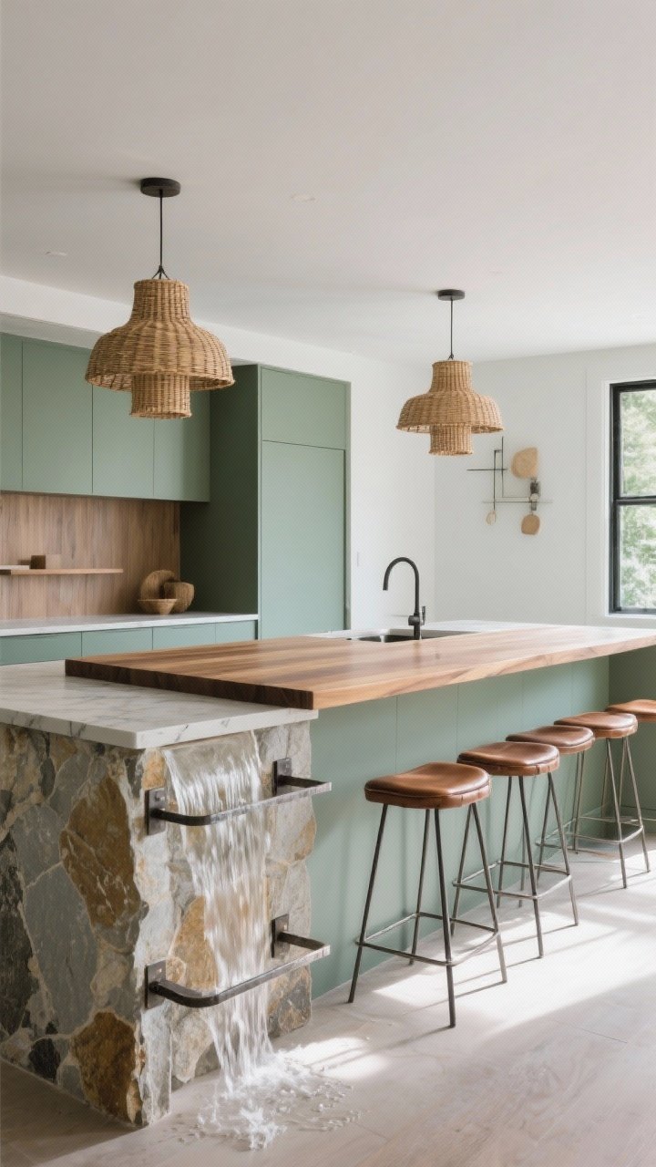 Wide shot highlighting mixed materials for designer energy: painted island base in muted sage with a warm wood top, stone waterfall element on one end paired with slim iron brackets as metal accents, leather stools beneath rattan pendants; limited palette of 2–3 materials for a curated feel; balanced daylight, straight-on composition, photorealistic.
