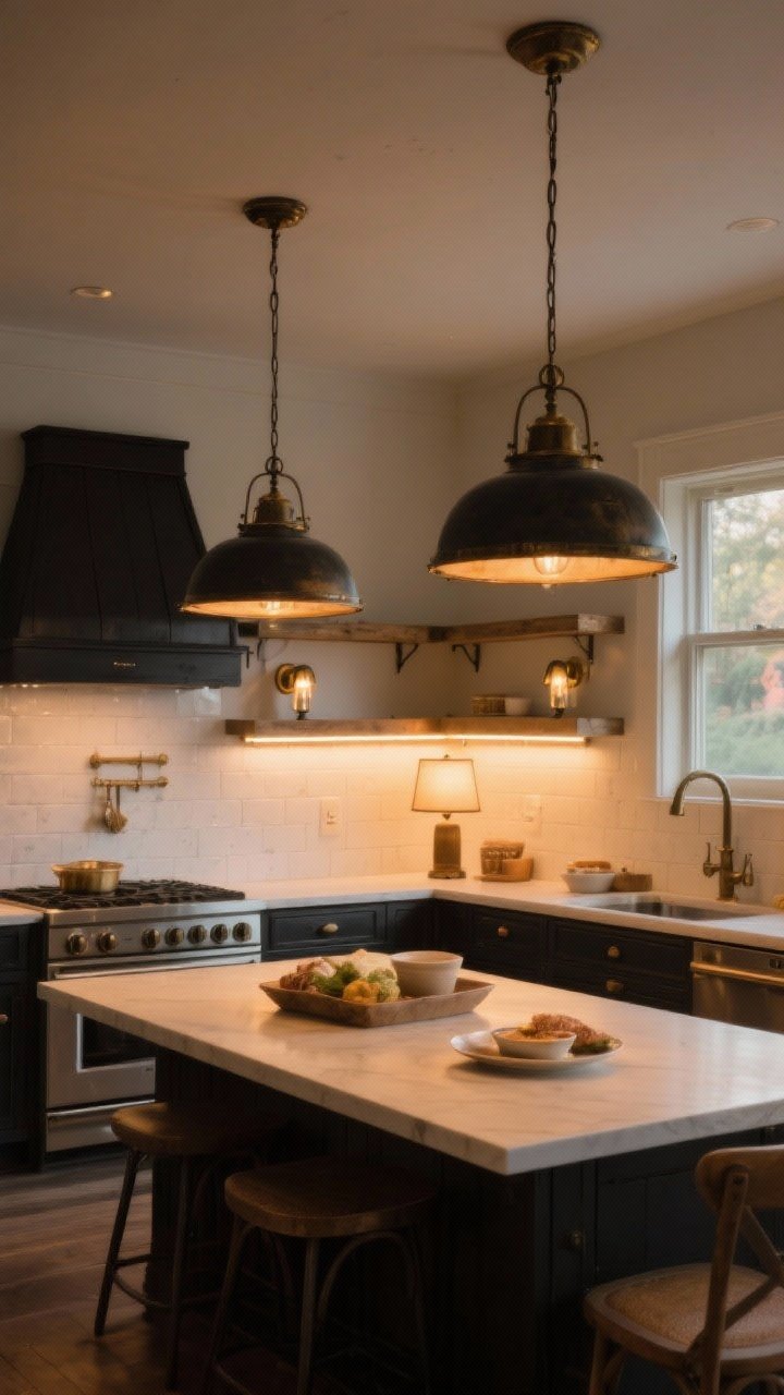 Wide shot: Layered farmhouse kitchen lighting scheme—two oversized pendants above the island, warm 2700–3000K under-cabinet LED strips casting a soft wash on the backsplash, a pair of small sconces above open shelves, and a petite table lamp on the counter near a breakfast nook. Finishes repeat from hardware (matte black and aged brass). Dimmer ambiance, cozy evening glow that flatters food and faces. Photorealistic, corner-to-room perspective.