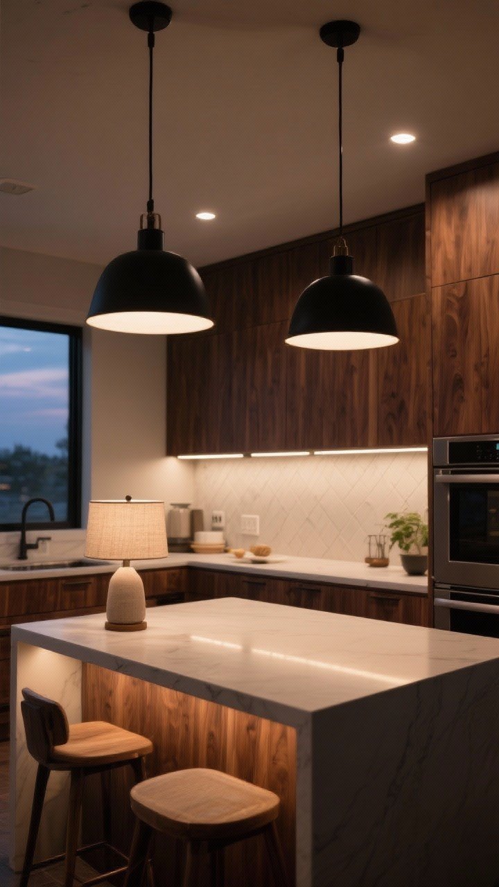Wide shot: Layered kitchen lighting at dusk—pair of matte black pendants with linen shades over the island, recessed task lighting over the prep zone, slim under-cabinet LEDs washing the backsplash, and a small table lamp with a linen shade on the counter. Color temperature 2700–3000K to warm the walnut tones. All on dimmers for a cozy ambiance, photorealistic.