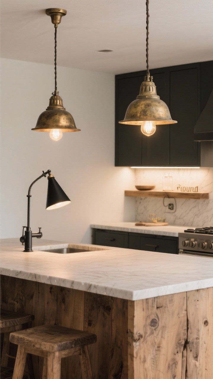 Wide shot: Layered kitchen lighting scene—two aged brass bell-shaped pendants over the island, matte black cone sconce adjustable near a shelf, and concealed under-cabinet LED task lighting creating shadow-free prep zones; bulbs set to warm 2700–3000K, casting a cozy glow on natural wood and light stone surfaces; clean lines and rustic finishes feel “found” yet functional.
