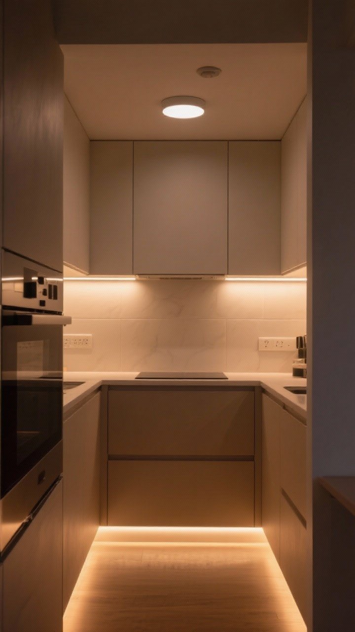 Wide shot: Layered lighting in a compact kitchen—under-cabinet LED task strips illuminating the backsplash and counters without shadows, a small flush-mount ceiling fixture providing ambient light, and soft toe-kick LED accent lighting creating a floating base effect; warm bulbs at 2700–3000K for a cozy glow; clean, modern finishes with light cabinetry; evening mood, photorealistic.