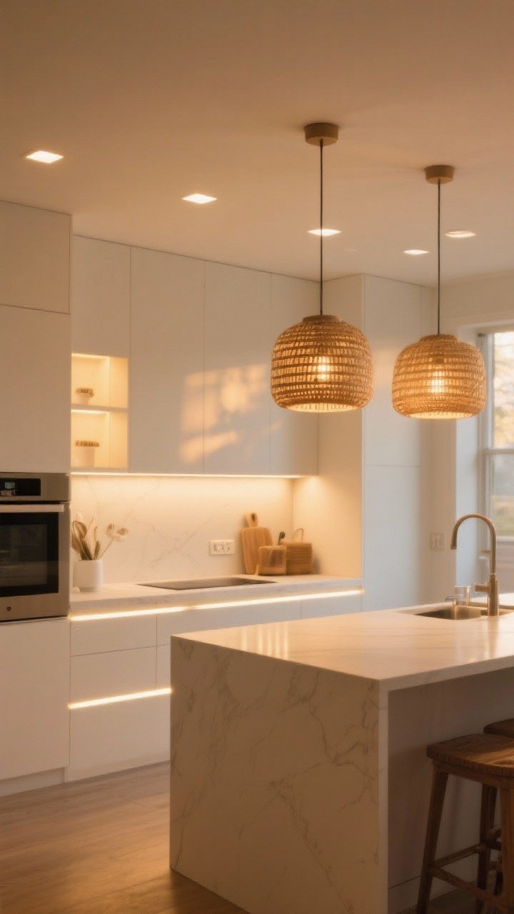 Wide shot: Layered lighting in a white kitchen at golden-hour mood. Dimmable recessed ambient lights set warm at 2700K, under-cabinet LED strips illuminating counters for task lighting, and two rattan-shaded pendants providing soft accent glow. All fixtures are on dimmers, creating a cozy, even illumination with no harsh hotspots; photorealistic, straight-on view.