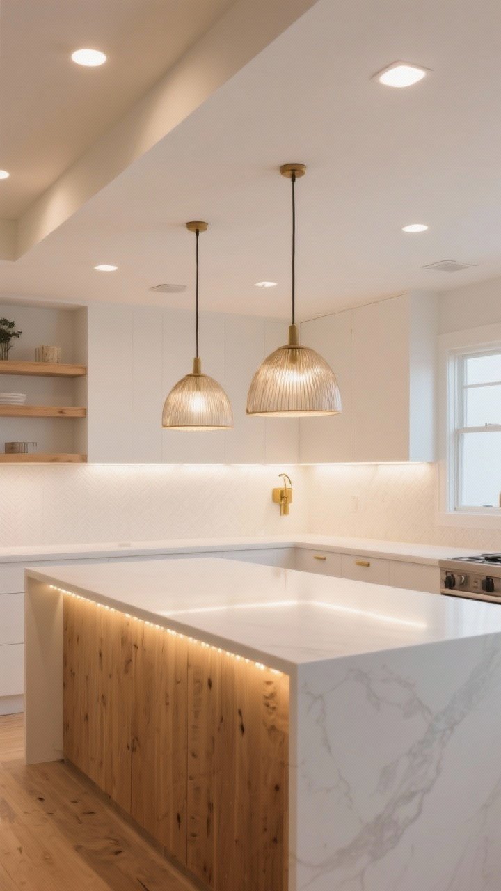 Wide shot: Layered lighting in action—recessed ceiling lights for even brightness, a pair of statement pendants over a white island, under-cabinet LED strips illuminating the backsplash and counters, and a small brass sconce above open shelves; all lighting is set to 2700–3000K, creating a warm, inviting glow across the white and wood elements.