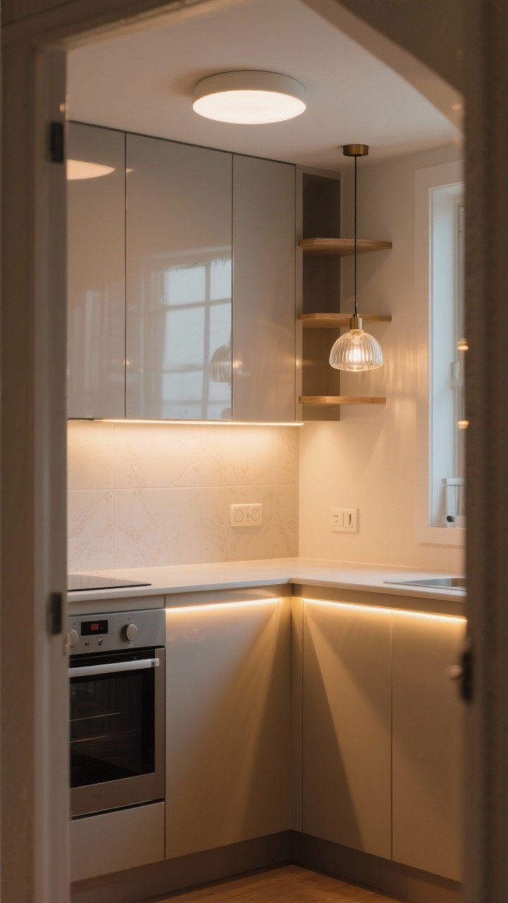 Wide shot lit like a set designer: layered lighting in a small kitchen including under-cabinet warm 2700K LED strips illuminating the countertop, a soft diffused overhead fixture for even ambient light, and a single glass pendant giving accent glow over a corner shelf. Neutral cabinetry, subtle reflections on a light backsplash, dimmer-like warmth across surfaces. No people, cozy not cave-like; camera from doorway capturing the whole lighting scheme.