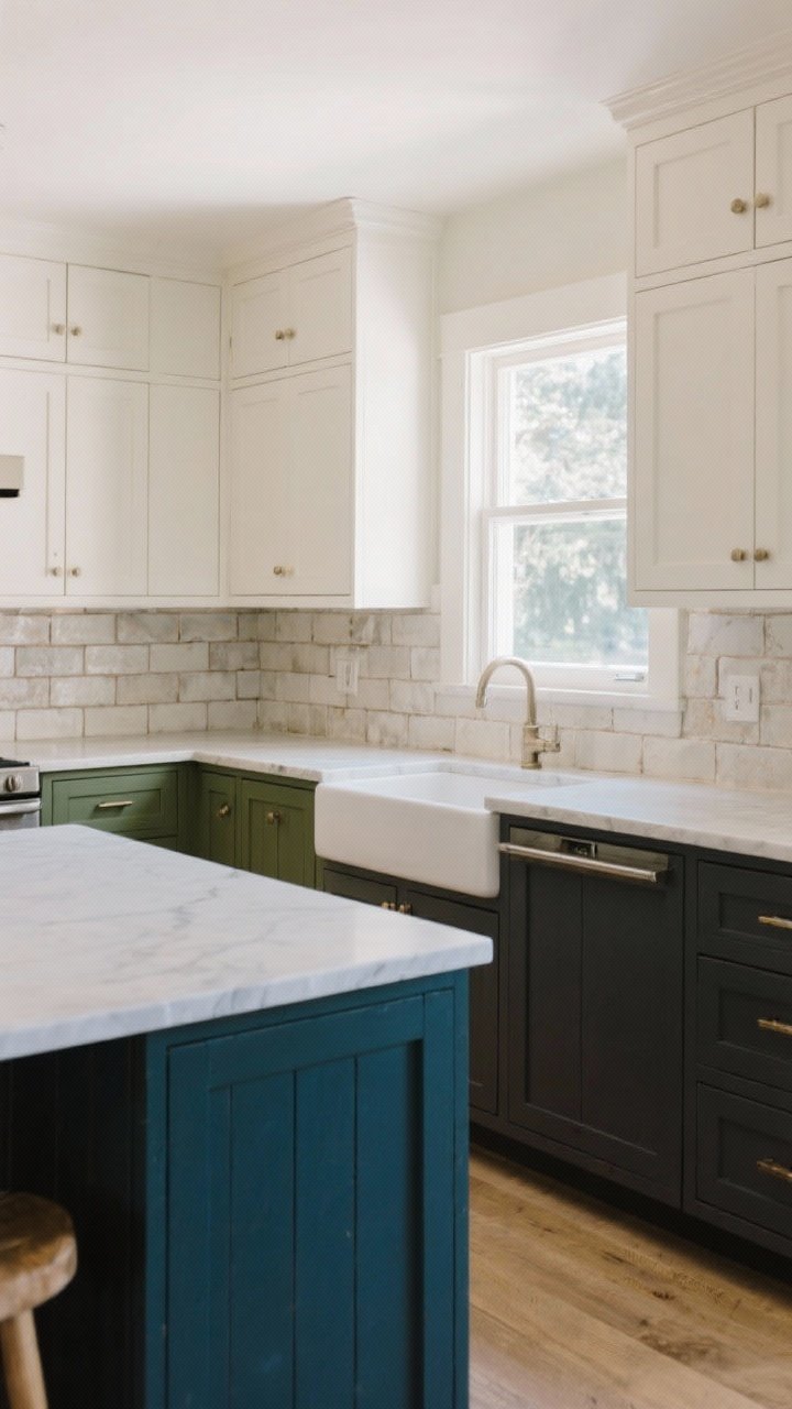 Wide shot, modern farmhouse kitchen showcasing two-tone cabinets: warm white matte upper cabinets matched to the wall color, and moody charcoal matte lower cabinets; optional island in deep olive or slate blue for bold contrast; clean lines, no gloss, satin/matte sheens only; light quartz or soapstone-look countertops, simple handmade-look tile backsplash; natural daylight from a window washing the uppers to emphasize the airy feel, straight-on perspective, no people.