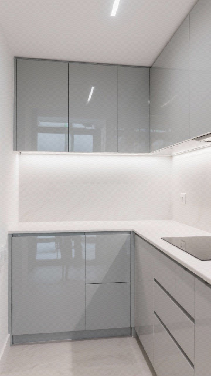 Wide shot: Modern small kitchen with slab-front high-gloss light gray cabinets reflecting ambient light, ultra-thin linear pulls, walls painted one shade lighter than the cabinets for a seamless blown-out effect, and a sleek pale countertop; minimal styling and clean lines emphasize a reflective, spacious feel.