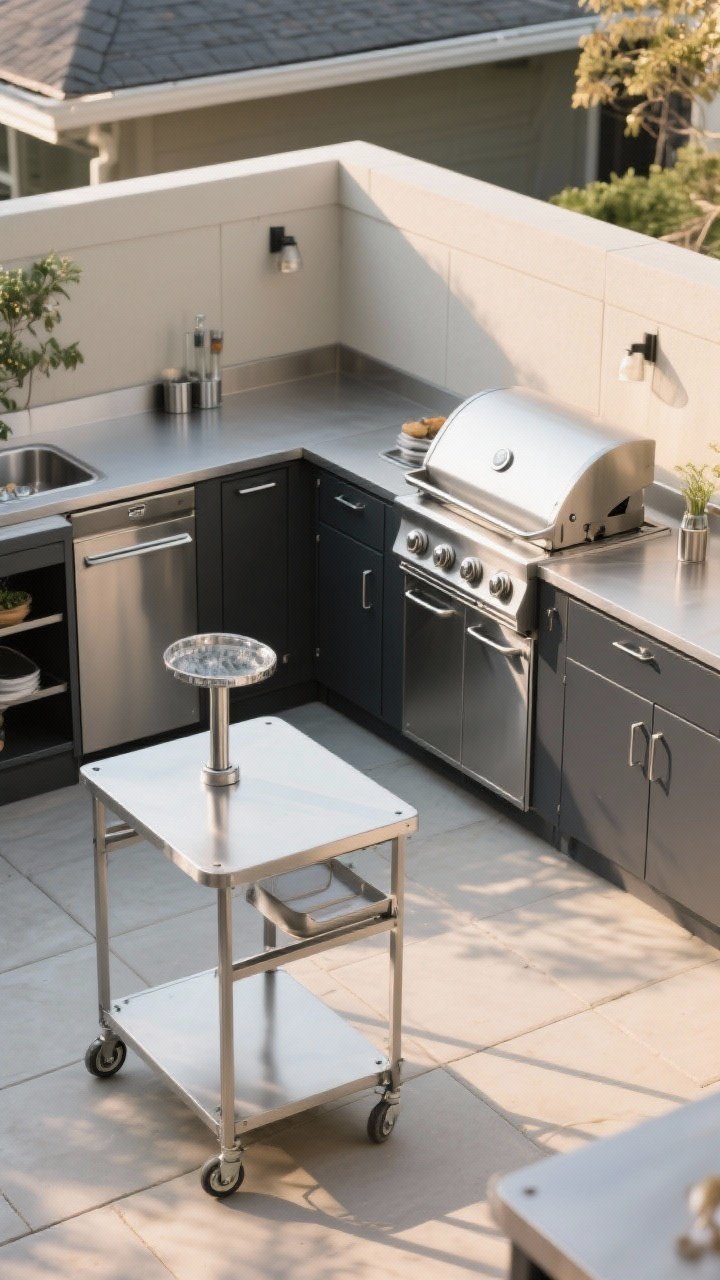 Wide shot: Modular outdoor kitchen setup with stainless utility tables, a freestanding rolling cart as a bar station, and a drop-in grill cabinet that reads built-in. Unified single metal finish and matching hardware tie the pieces together. Clean, organized surfaces with a cohesive charcoal and sand color story; corner angle view showing reconfigurable layout on a small patio. Late afternoon light for a polished, practical mood.