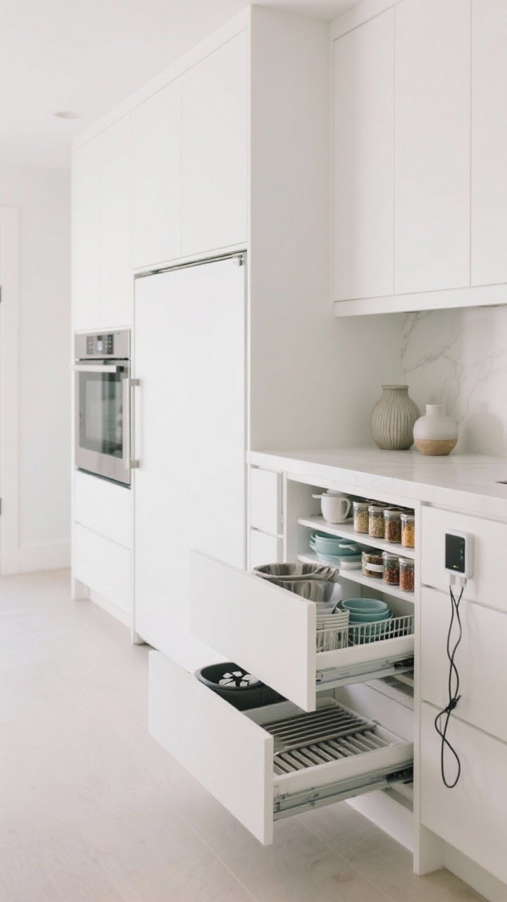 Wide shot of a calm, clutter-free white kitchen showcasing storage: a closed appliance garage beside the counter, deep drawers for pots and dishes slightly open to reveal organization, pull-out inserts for spices and a trash/recycling system, sheet pan dividers, and a charging drawer ajar with hidden cords; counters minimally styled with one or two beautiful everyday pieces; bright, orderly ambiance.