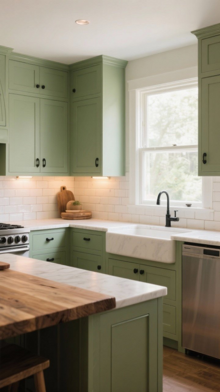 Wide shot of a calm, light-filled kitchen with sage green Shaker cabinets, matte black pulls, creamy quartz countertops, and a white/off-white zellige tile backsplash; natural daylight streaming through a window makes the sage look airy, with warm under-cabinet bulbs giving a cozy glow; include a butcher block section on an island and subtle earthy decor; photorealistic, straight-on view.
