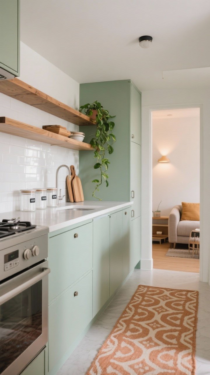 Wide shot of a cohesive small kitchen with restrained personality: matte pale sage base cabinets, glossy white backsplash, warm wood accents on shelves and cutting boards for textural balance; one hero moment—a patterned runner in muted terracotta and cream along the galley; coordinated clear canisters with simple labels on the counter; a single trailing pothos plant adding greenery; color palette flows into an adjacent living area for calm continuity; warm ambient lighting, no visual clutter.
