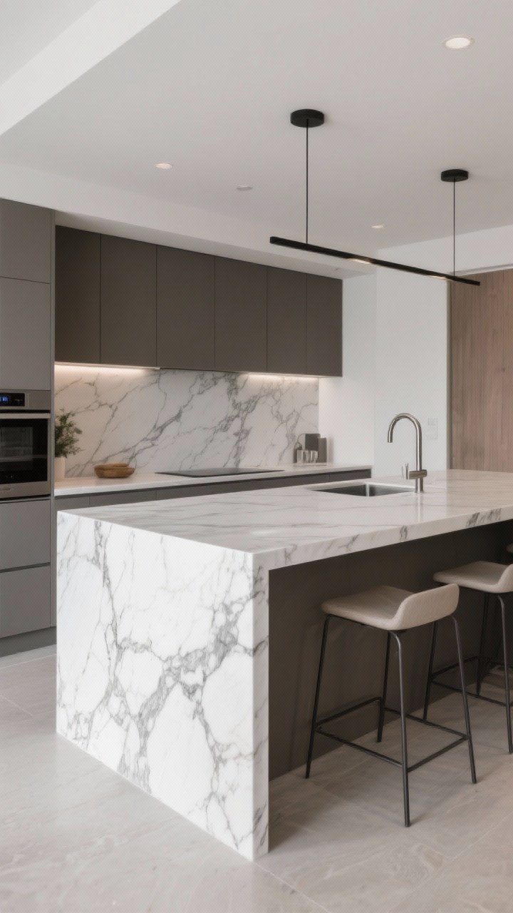 Wide shot of a contemporary kitchen island showcasing a waterfall countertop in durable white-veined quartzite with a
