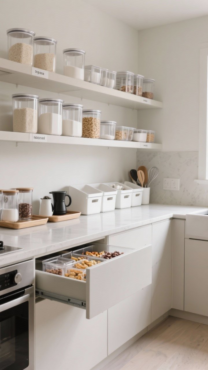 Wide shot of a decluttered, organized kitchen emphasizing smart storage: clear counters, matching glass airtight containers decanting flour, sugar, and cereal on a shelf with simple, minimal labels; trays and bins corralling coffee gear and baking tools in dedicated zones; a tidy snack bin drawer partially open to show order. Bright, even lighting, calm neutral palette, intentional negative space; scene conveys edited, streamlined flow and a high-impact transformation.