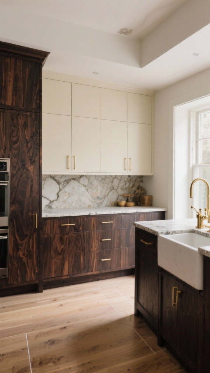 Wide shot of a kitchen featuring dark wood cabinetry in walnut or dark-stained oak with visible grain (rift-sawn texture), paired with light floors (oak, maple, or pale tile) to avoid dark-on-dark heaviness; stone counters and brass accents to underscore warmth; two-tone concept shown as dark wood lowers with creamy painted uppers; gentle daylight, photorealistic.