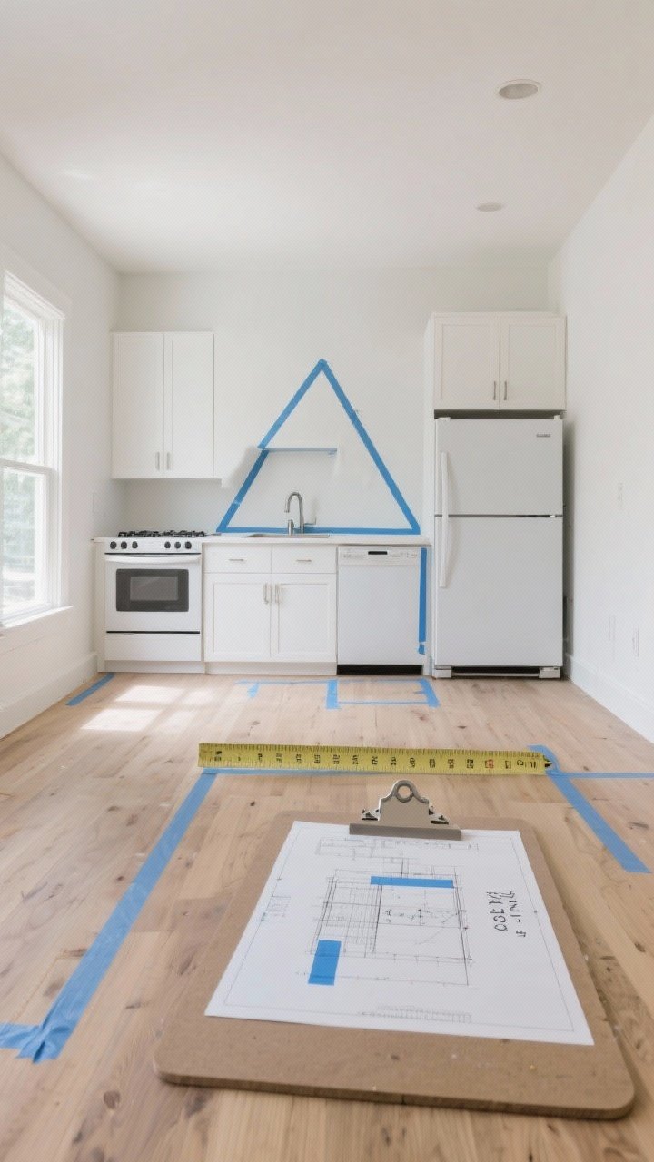 Wide shot of a kitchen mock-up with painter’s tape outlines on the floor and walls marking cabinet footprints, appliances, and aisle clearances; include a taped work triangle connecting sink, stove, and counter-depth fridge, with measuring tape, clipboard floor plan, and blue tape notes showing 42-inch aisle and swing clearances; natural daylight, straight-on view, neutral white walls and light oak floors, focus on practical layout planning without installed cabinets.