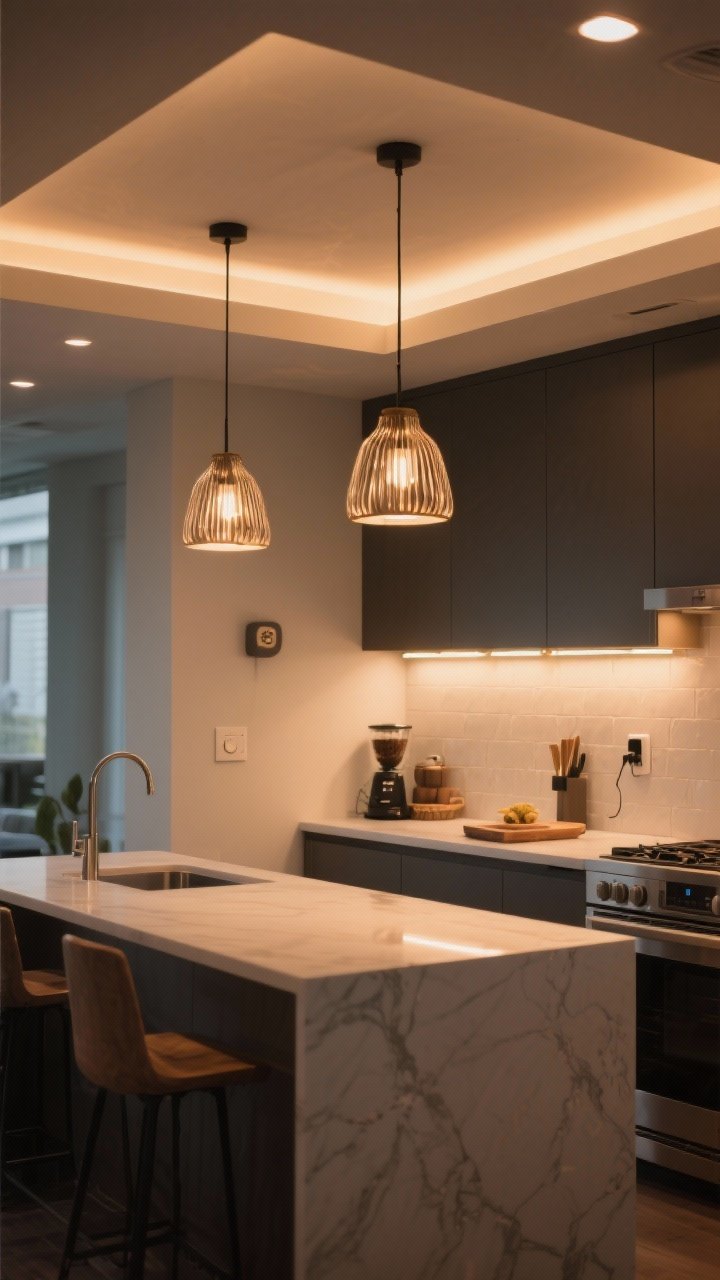 Wide shot of a kitchen with upgraded lighting layers: a pair of statement pendants over the island, subtle ambient ceiling lighting, warm under-cabinet LED strips illuminating the backsplash and chopping zone, plus a plug-in sconce near a coffee corner for café vibes; emphasize warm, even illumination without flicker; modern dimmer on the wall; overall mood elevated and functional with a clear distinction between ambient, task, and accent lighting.