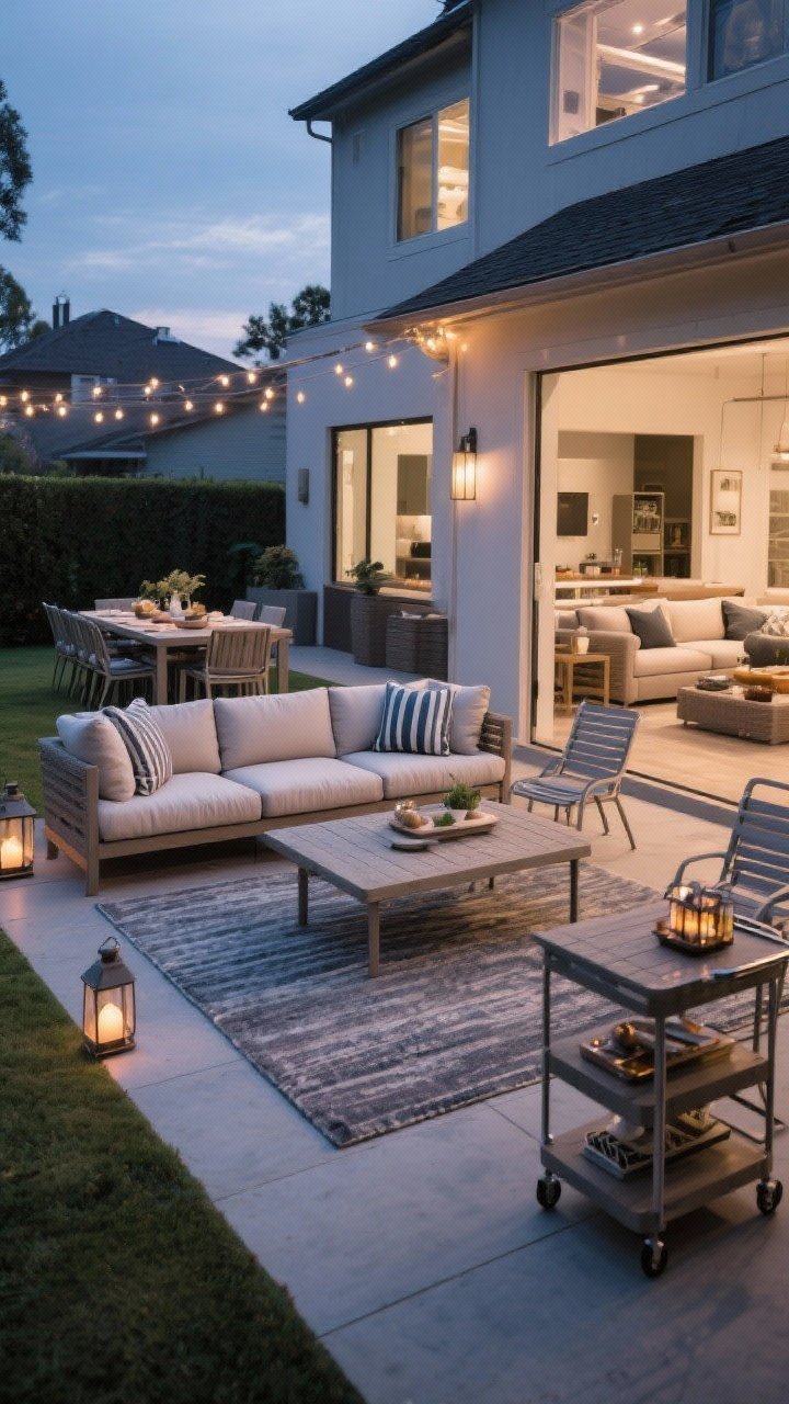 Wide shot of a lounge-and-dine patio arrangement that encourages lingering: plush outdoor sectional with solution-dyed acrylic cushions and quick-dry foam, positioned just beyond the grease zone; dining table placed near a pass-through for easy serving; performance rugs visually linking the indoor living area to the patio; flexible furniture including stackable dining chairs and an extendable table; a rolling bar cart tucked nearby; calm evening with soft string lights and lanterns, no people.