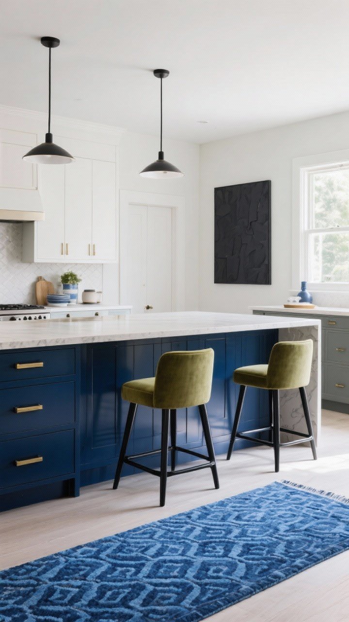 Wide shot of a modern kitchen focused on a bold contrasting island base in deep navy satin finish, with brushed brass hardware and matte black pulls, topped with a light neutral counter; tie-in accents include a cobalt-blue patterned runner rug and two sage-upholstered bar stools; a charcoal art print across the room subtly echoes the island color; natural daylight, straight-on view, no people, photorealistic.