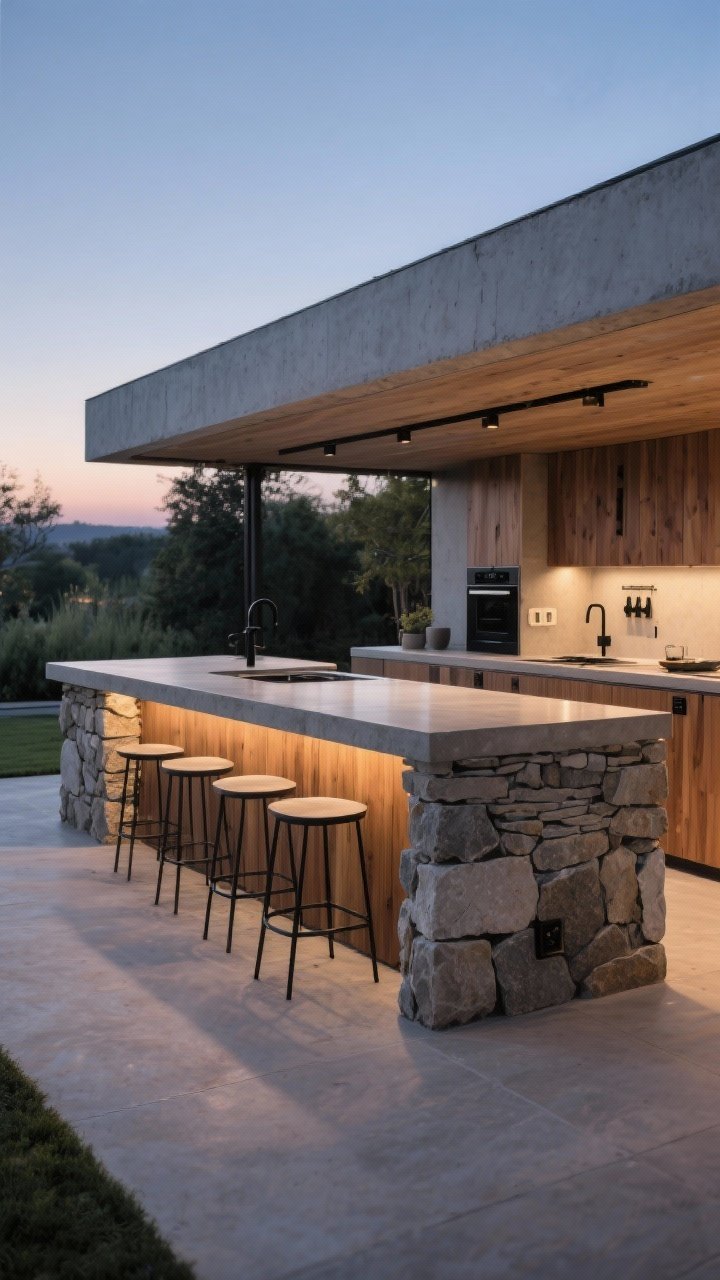 Wide shot of a modern outdoor kitchen island at dusk, featuring a concrete waterfall countertop over a stacked-stone base with warm wood accents and matte black metal hardware; a generous countertop overhang with four minimalist bar stools; subtle under-bar power outlets visible; seamless flow around prep and seating areas; soft ambient evening light reflecting off the stone and concrete textures; photorealistic, straight-on perspective emphasizing mixed materials and functional layout.