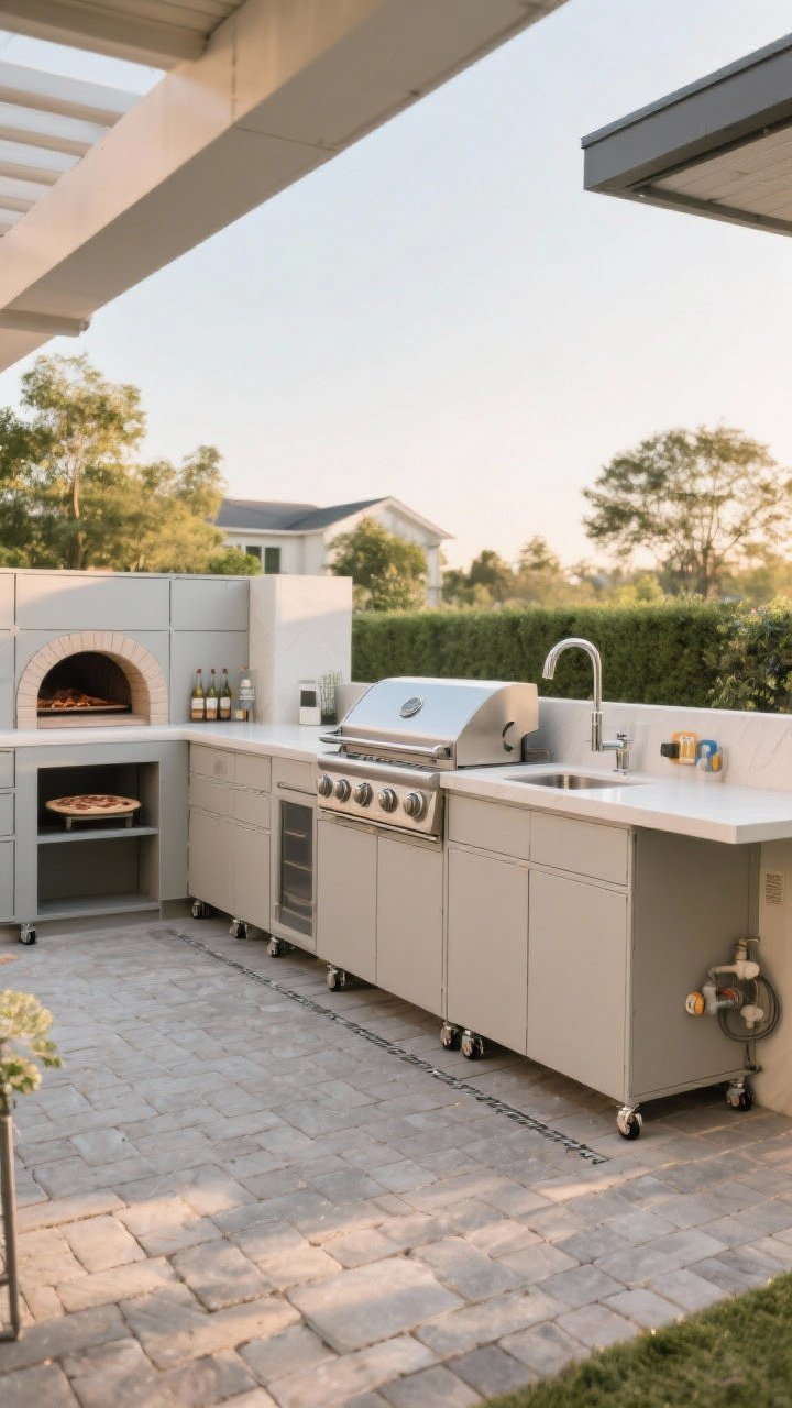 Wide shot of a modular outdoor kitchen on a patio, showing reconfigurable modules with leveling feet on slightly uneven pavers; essential setup with grill and sink, open space left for a future pizza oven and beverage center, clear 36-inch circulation around the cook zone; subtle utility stubs/caps for gas, electric, and water pre-run; neutral finishes and clean lines in soft late-afternoon light