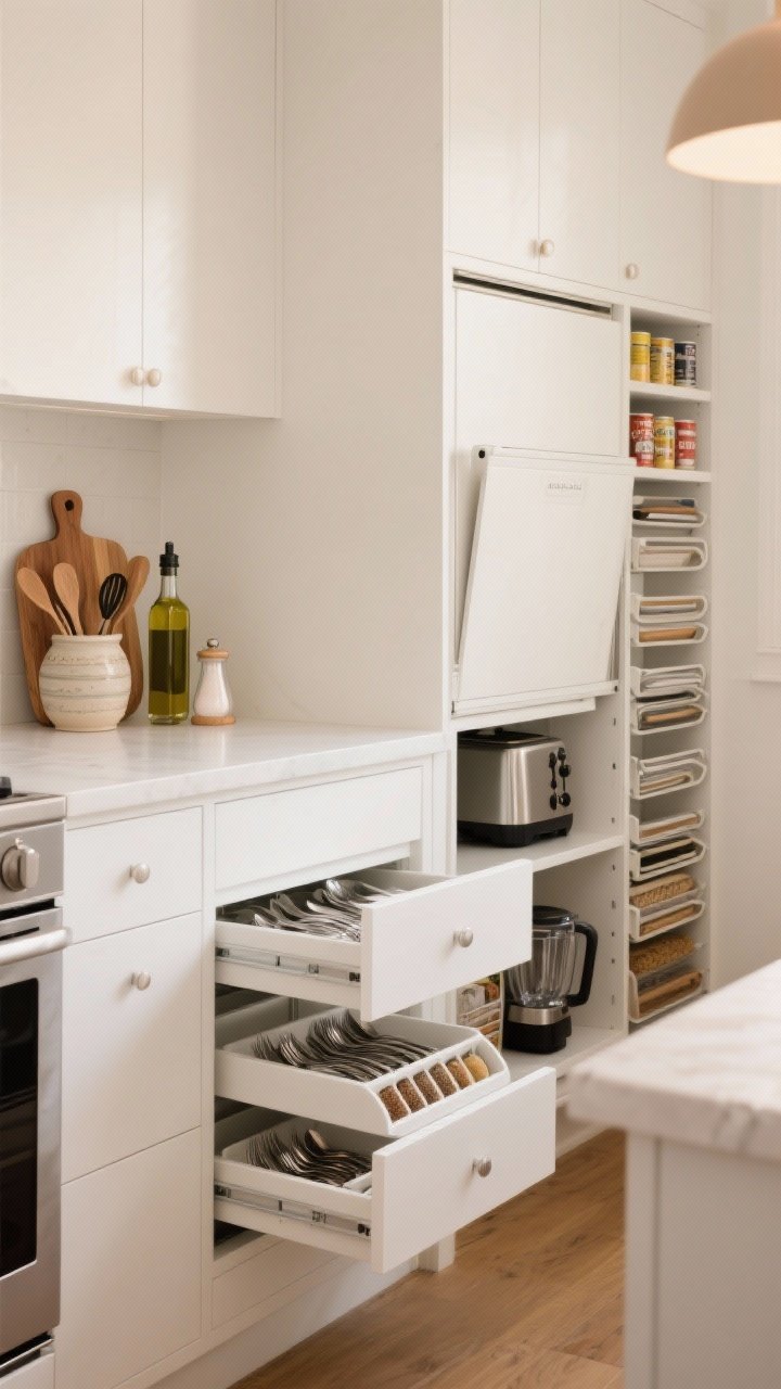 Wide shot of a pristine white kitchen emphasizing smart storage: drawers open slightly to reveal tidy flatware and spice inserts, a narrow pull-out pantry showcasing oils and cans, an appliance garage door lifted to conceal toaster and blender, and vertical tray dividers organizing baking sheets; countertop “capsule” left out—wood board, ceramic utensil crock, olive oil bottle, and a pretty salt cellar—everything else tucked away; balanced warm lighting, corner angle, photorealistic.