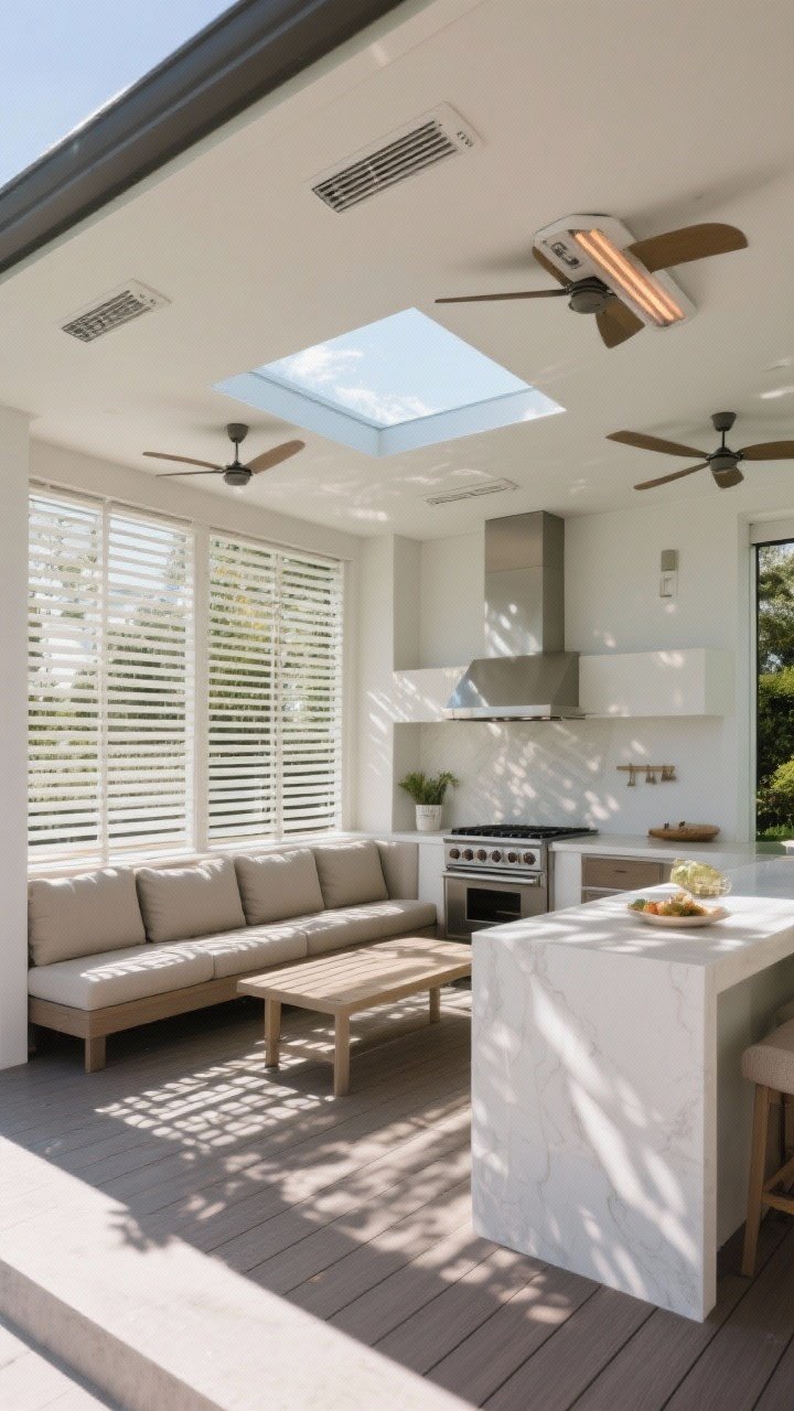 Wide shot of a resort-worthy shaded cooking space: a modern pergola with adjustable louvers partially opened to filter sunlight over an outdoor kitchen; integrated ceiling fans and slimline infrared heaters mounted discreetly; a skylight panel adding brightness; cushioned seating under the structure; composite decking flooring; calm, bright daytime scene with dappled light patterns; corner angle showcasing shade, shelter, and year-round comfort.