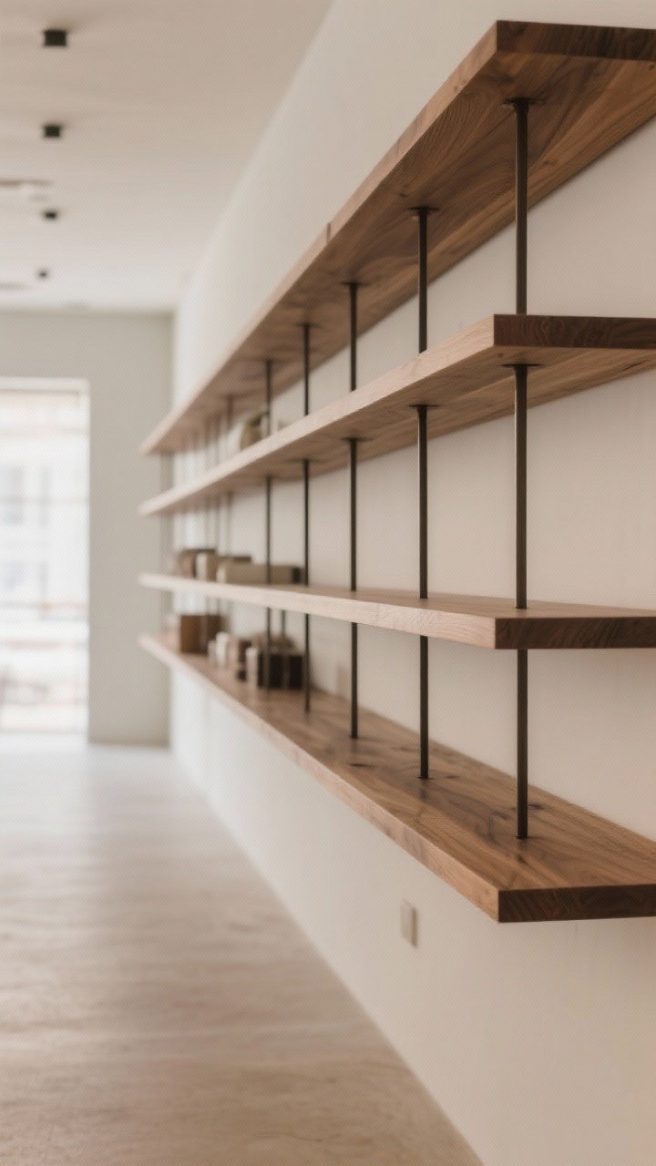 Wide shot of a run of open wood shelves (