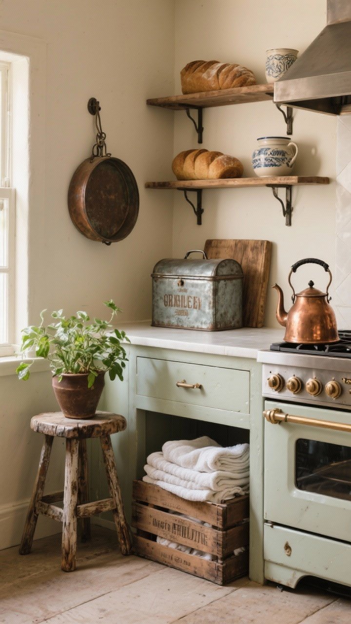 Wide shot of a rustic kitchen corner curated with vintage finds: a weathered wooden stool acting as a plant stand, an antique bread tin on open shelving, a patinated copper kettle on the range, and an old dairy crate used for storing folded towels. Balanced mix of metal, wood, and ceramic; only 2–3 larger pieces to avoid clutter. Warm ambient light enhances the aged finishes and story-rich character.