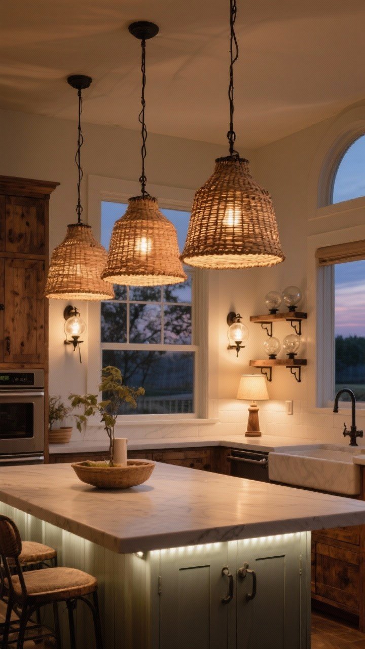 Wide shot of a rustic kitchen lighting scheme at dusk: woven pendant shades over the island casting a warm glow, wall sconces flanking open shelves with schoolhouse globes, and a small table lamp on the counter. Under-cabinet LEDs create practical task light. Overall color temperature 2700–3000K for cozy ambience; iron accents and wood cabinetry visible, no harsh white light.