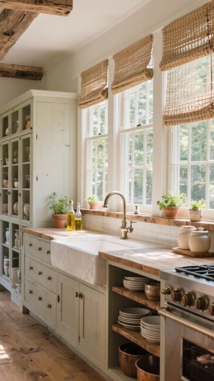 Wide shot of a rustic kitchen wall of windows with workhorse storage: entire wall devoted to tall windows pouring in sunlight, low backsplash shelf beneath for oils and salt crocks, chunky wood window sills holding small herb pots, opposing wall with a floor-to-ceiling pantry cabinet bank, base cabinets with deep drawers for pots and dishes, woven Roman shades softening the glass, classic bridge faucet centered beneath a window; bright, indoor-outdoor feel, photorealistic, straight-on view.
