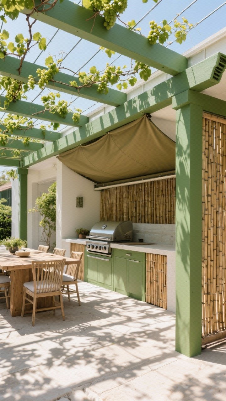 Wide shot of a shaded cook-and-dine zone beneath a pergola: green-painted pergola with stainless cable trellis training grape vines for dappled light; an earthy olive retractable canvas canopy partially extended; bamboo screens filtering harsh sun on one side; hidden gutters discreetly integrated along beams; a matte green grill station below; midday sun casting patterned shadows across pale stone flooring; angle from one corner to show structure and shade layers.