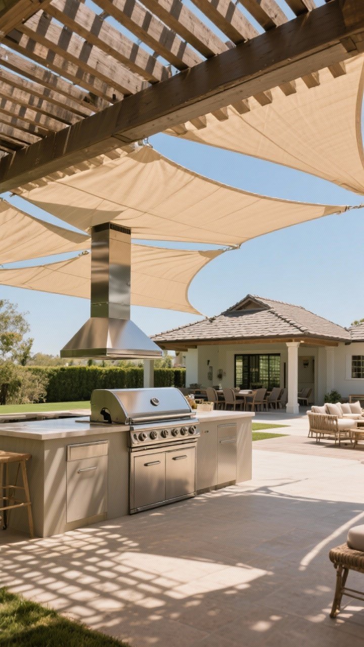 Wide shot of a shaded cook station: a pergola with a retractable canopy over the BBQ island, layered with triangular sail shades extending toward the seating area. A roofed pavilion section in the background with ample open airflow and an outdoor-rated stainless vent hood above the grill. UV-rated fabric textures visible, warm sunny day without harsh glare, shadows patterned by the pergola slats, photorealistic.