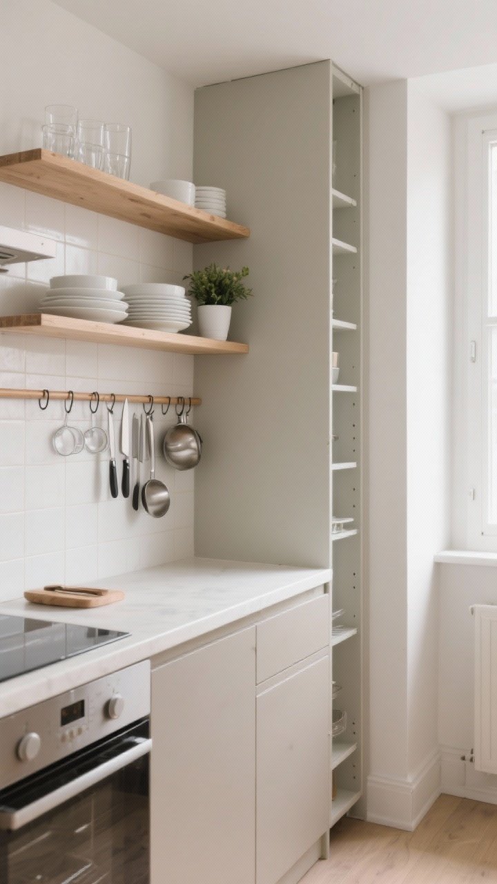 Wide shot of a small apartment kitchen focused on vertical storage: floating wood shelves above a light backsplash styled with cohesive white dishes, clear glasses, and a single potted plant; a magnetic knife strip mounted beside an overhead rail with hooks holding utensils, measuring cups, and a couple of small pots; a tall, narrow freestanding pantry tower fitted into an awkward corner. Soft natural daylight, light neutral palette with soft whites, greige, and creamy taupe, minimal visual clutter, photorealistic.