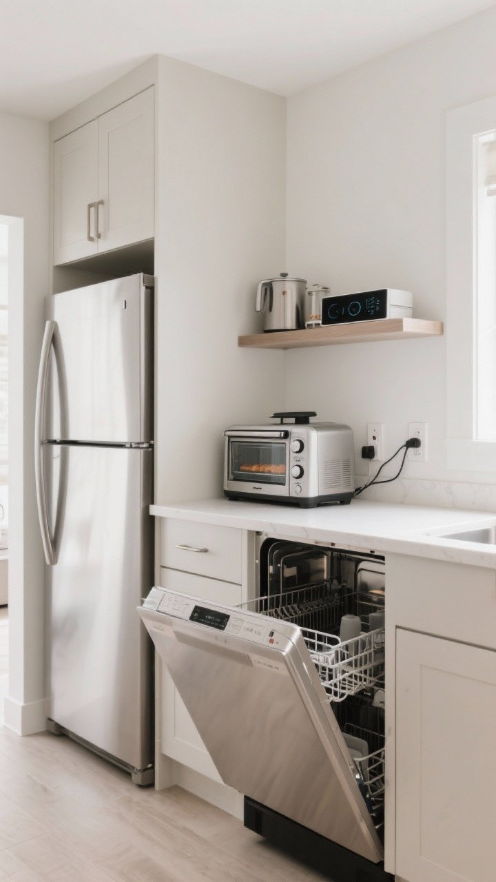 Wide shot of a small kitchen featuring slim, space-savvy appliances: an 18-inch stainless dishwasher integrated under counter, a counter-depth fridge flush with cabinetry for a clean line, and a compact air-fryer toaster oven on the counter replacing multiple gadgets. Optional plug-in induction burner stashed on a shelf nearby. Bright, clean lighting, pale walls, minimal clutter; straight-on view emphasizing alignment and space.