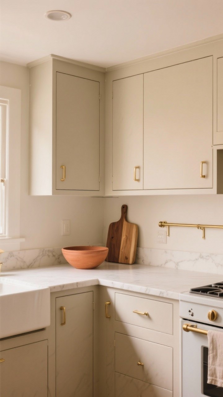 Wide shot of a small kitchen in soft, toasty neutrals: cabinets in creamy beige/greige with warm brass pulls, walls in oatmeal/almond, ceiling a whisper lighter than the walls, accents including a terracotta bowl, a walnut cutting board, and a brushed gold rail. Gentle daylight, subtly warm mood, clean styling that feels hugged by color.