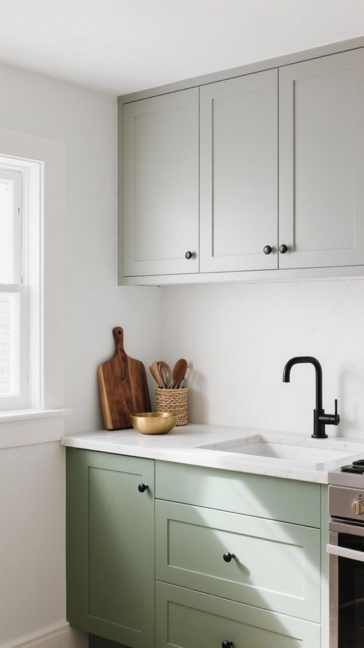 Wide shot of a small kitchen showcasing a light-plus-contrast palette: soft white walls and pale gray cabinetry on top, with lower cabinets in muted sage green; matte black faucet and cabinet pulls for contrast; warm materials like a rich wood cutting board and a small brass accent bowl on the counter. Natural daylight bouncing around, subtle woven texture in a utensil holder. Clean, polished mood with gentle shadows; three-quarter angle from the room’s corner.