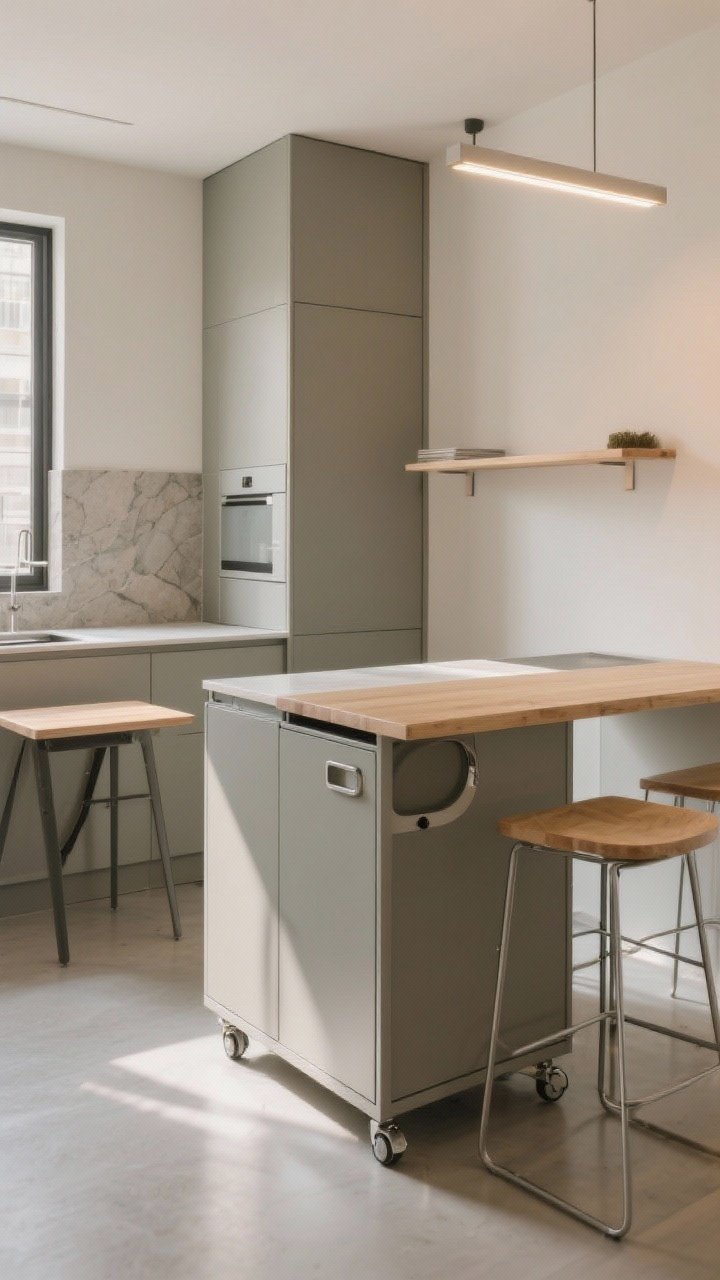 Wide shot of a small kitchen using flexible pieces: a slim rolling island with closed storage on locking casters, a waterfall C-table slid partially over the counter as a quick perch, and a fold-down wall table in the background; materials in powder-coated metal, light wood, and stone-look surfaces for cohesion; clear floor pathways, matte finishes, warm ambient light with natural daylight; corner angle to show flow.