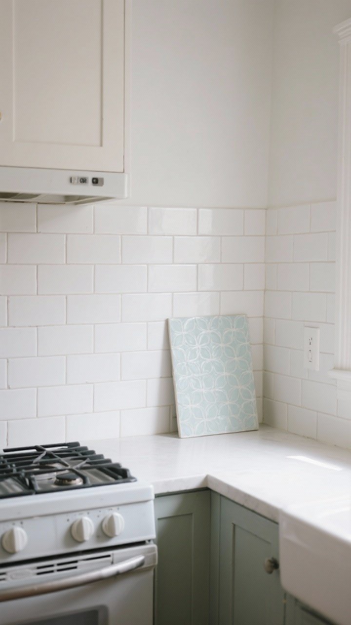 Wide shot of a small kitchen wall featuring a budget backsplash: a clean, light-colored peel-and-stick subway tile pattern installed behind the range, with beadboard panels painted soft white on an adjacent stretch; include a painted faux-tile stencil sample board leaning nearby; bright, even daylight to make the compact kitchen feel bigger and brighter; minimal styling, no people, photorealistic.