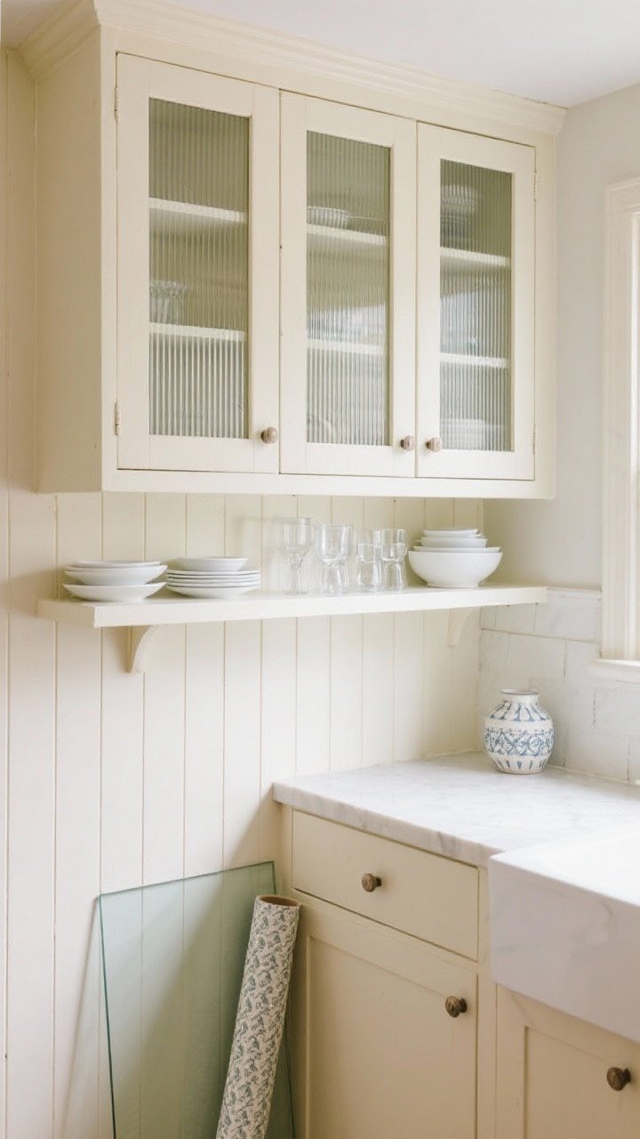 Wide shot of a small kitchen wall with selective doorless uppers and DIY glass-front upgrades. Some upper cabinets have doors removed, interiors painted a soft cream and lined with vertical beadboard; others feature new ribbed (reeded) glass inserts that obscure clutter while gleaming. Style shelves with white dishes, clear glassware, and a few ceramic pieces. Include a roll of wallpaper and a glass panel leaning against the counter. Bright, even daylight to enhance the airy, bigger-feel effect.