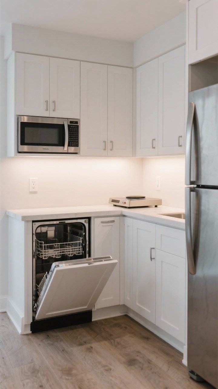 Wide shot of a small, modern kitchen highlighting compact appliances: a stainless 18-inch slim dishwasher integrated into white shaker cabinets; a counter-depth fridge flush with cabinetry improving sight lines; a combination microwave/convection oven in a niche; a portable single-burner induction cooktop stowed in a drawer with only a sleek countertop visible. Light, low-contrast palette, matte finishes, under-cabinet LED glow, minimal decor for a streamlined, joyful feel.