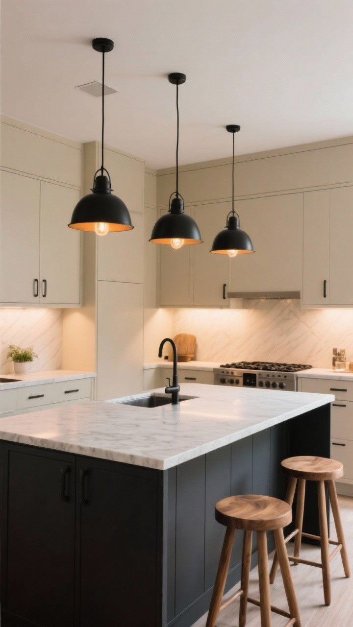Wide shot of a two-tone kitchen island: dark charcoal painted base with a light honed quartz top, paired with matching hardware throughout the kitchen for cohesion; surrounding cabinetry in creamy mushroom to harmonize undertones; stools in natural oak for balance; pendant trio in black metal with warm bulbs; daylight mixed with soft warm ambient lighting; angled view from a rear corner to showcase color blocking, depth, and defined focal point; no people