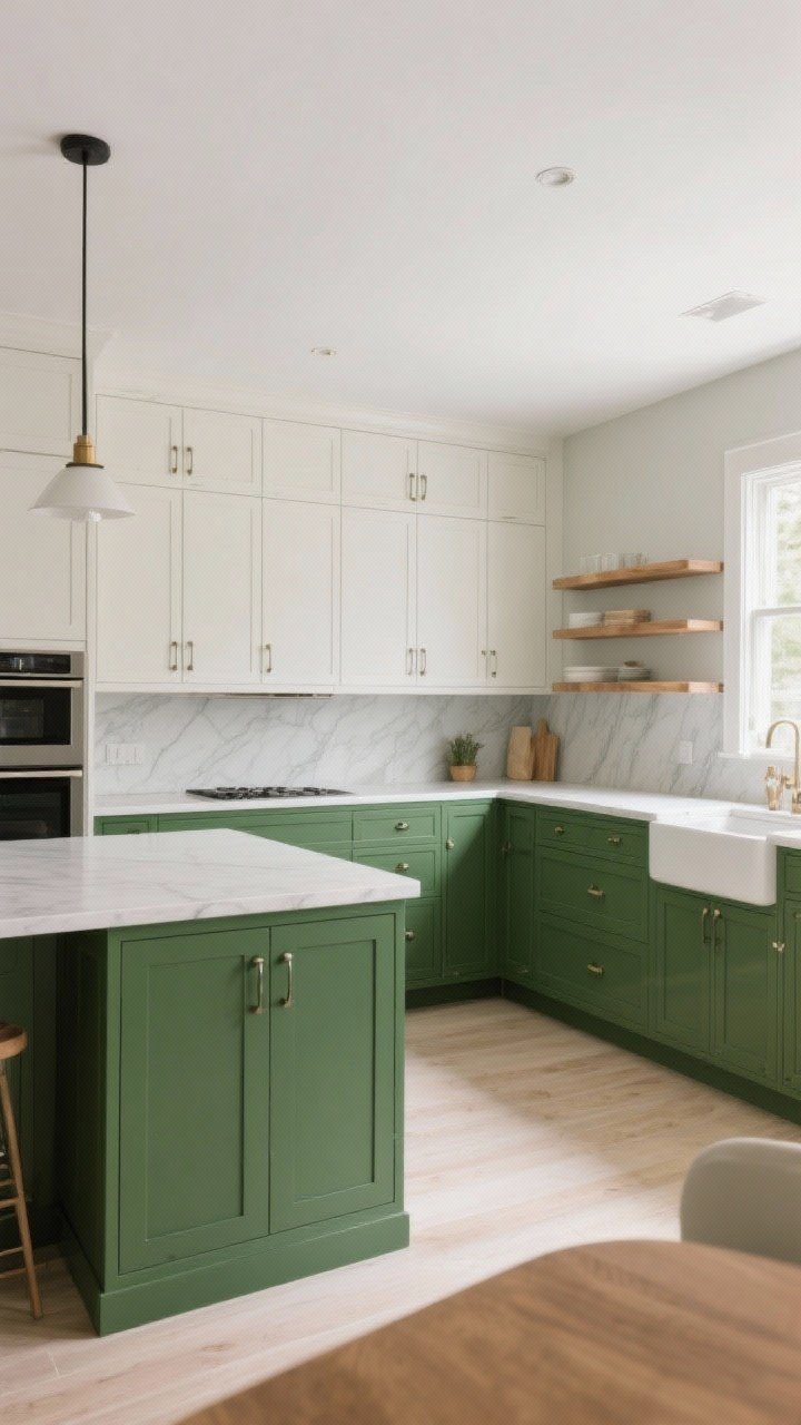 Wide shot of a two-tone kitchen: olive green lower cabinets paired with warm white uppers, consistent hardware across both; include a matching green island to tie tones together; alternative zone shows hunter green lowers with pale gray uppers or sage lowers with natural wood open shelves; soft daylight enhances ceiling height; straight-on perspective; photorealistic.