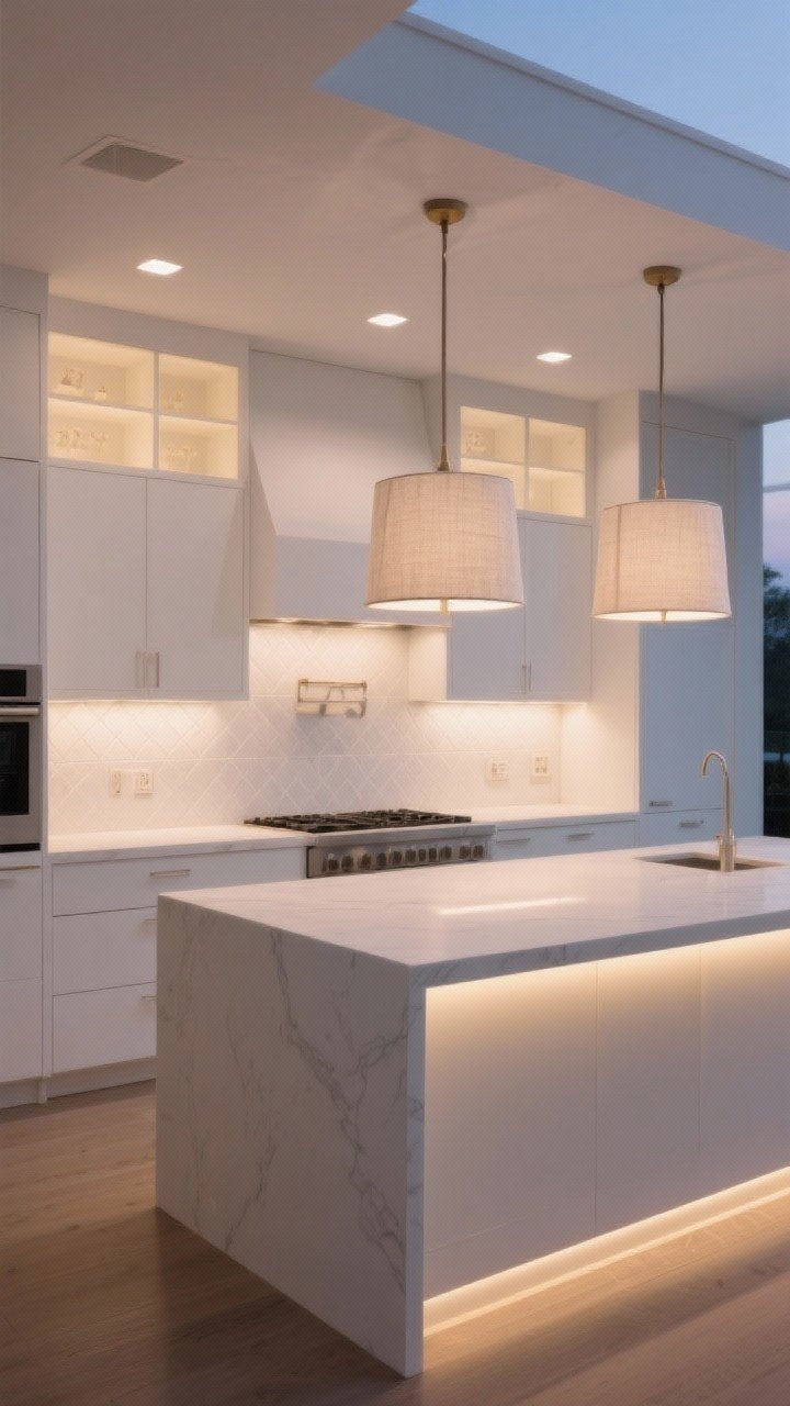 Wide shot of a white kitchen glowing with layered lighting: two linen-shaded pendants over the island, dimmable under-cabinet LED strips washing a white backsplash, a restrained grid of warmer 2700–3000K recessed lights, and subtle toe-kick accent lighting; white cabinets and counters softly illuminated without glare; photographed at dusk with dimmers set low.
