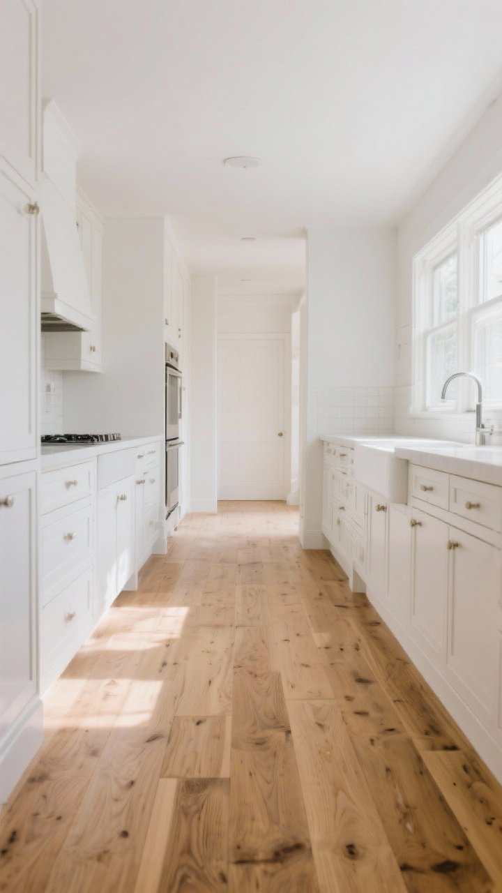 Wide shot of a white kitchen highlighting wood flooring as the foundation: natural oak planks in a matte finish running lengthwise for a classic, forgiving look. White cabinetry, light counters, and subtle baseboards keep focus on the floor. Soft afternoon light glancing across the boards to reveal grain without glare. Low, slightly angled perspective to showcase the flooring’s tone and texture.