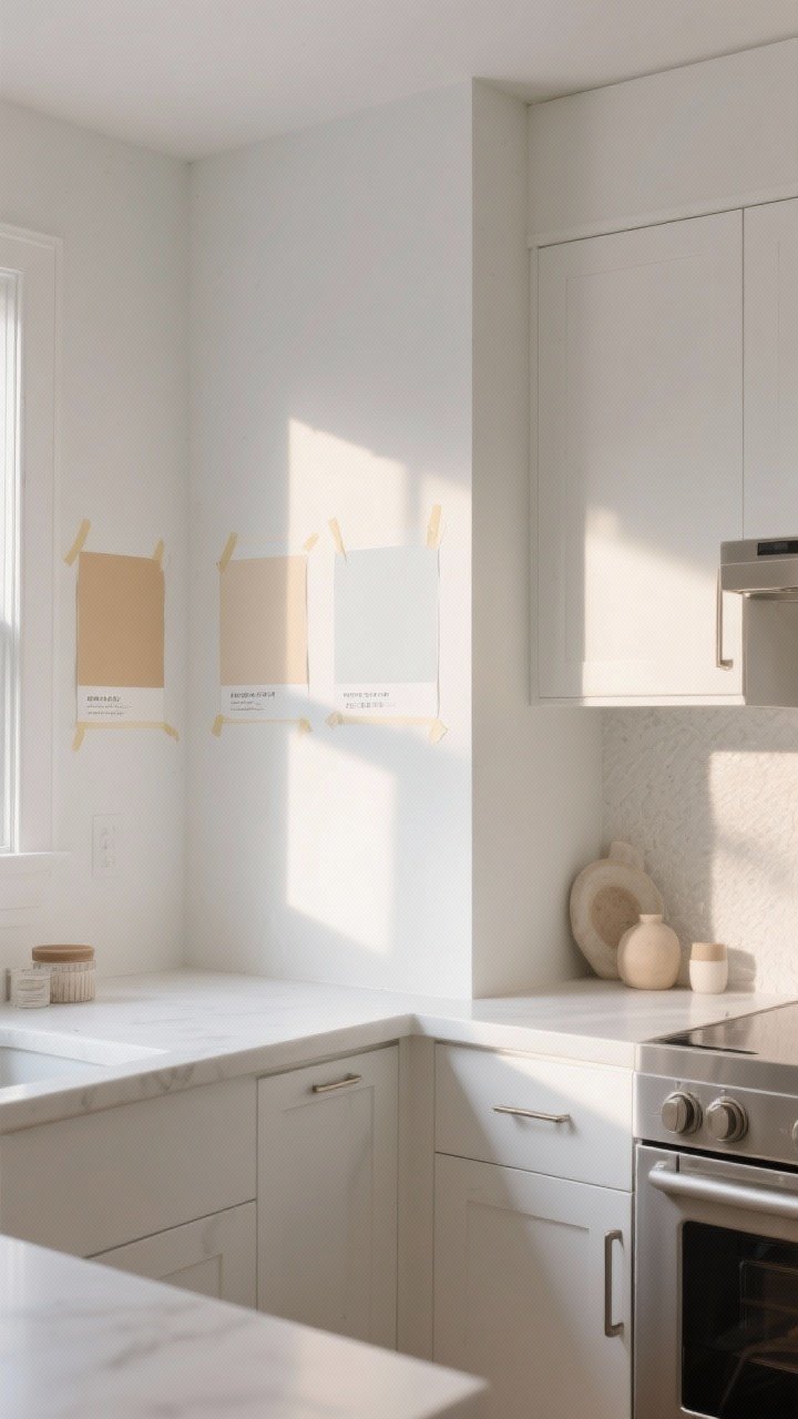 Wide shot of a white kitchen showcasing three test swatches of paint on adjacent walls: a warm cream, a neutral white, and a cool crisp white, each labeled with painter’s tape; sunlight shifting across the room from morning to evening simulated with varied light on different walls; mixed textures present but subdued—neutral hardware and subtle decor—to emphasize undertones; modern yet cozy mood, corner angle, photorealistic.