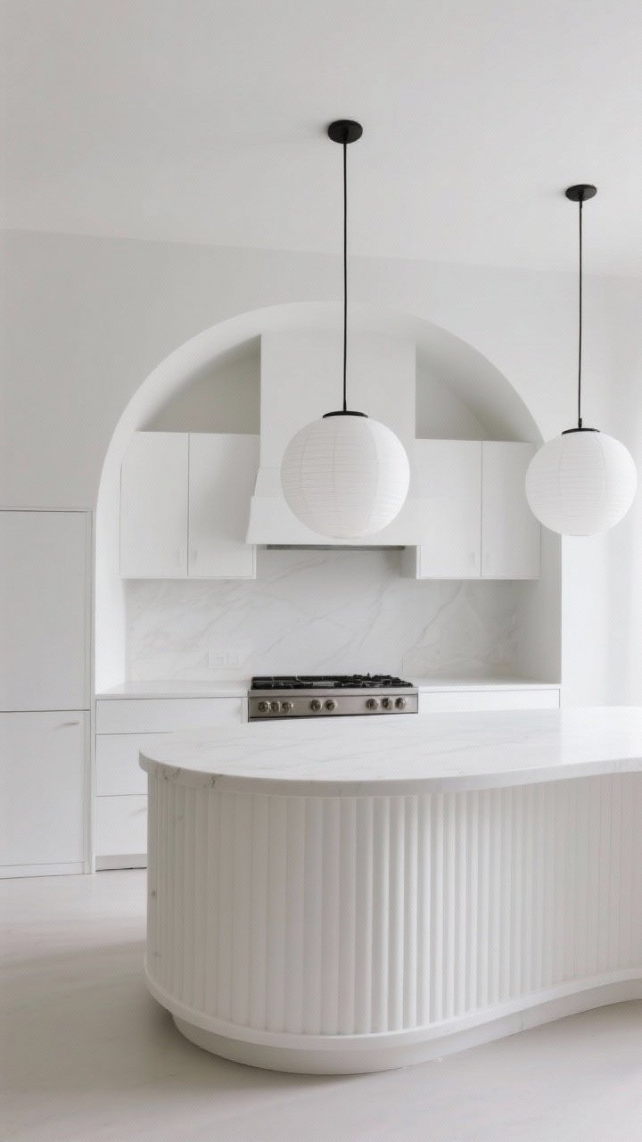 Wide shot of an all-white minimalist kitchen where shape creates interest: arched alcove niche framing the range, a curved-edge white island with fluted paneling on the front, and oversized white globe pendant lights above; matte white cabinetry and counters, subtle shadows defining forms, gallery-clean yet inviting; straight-on, photorealistic.