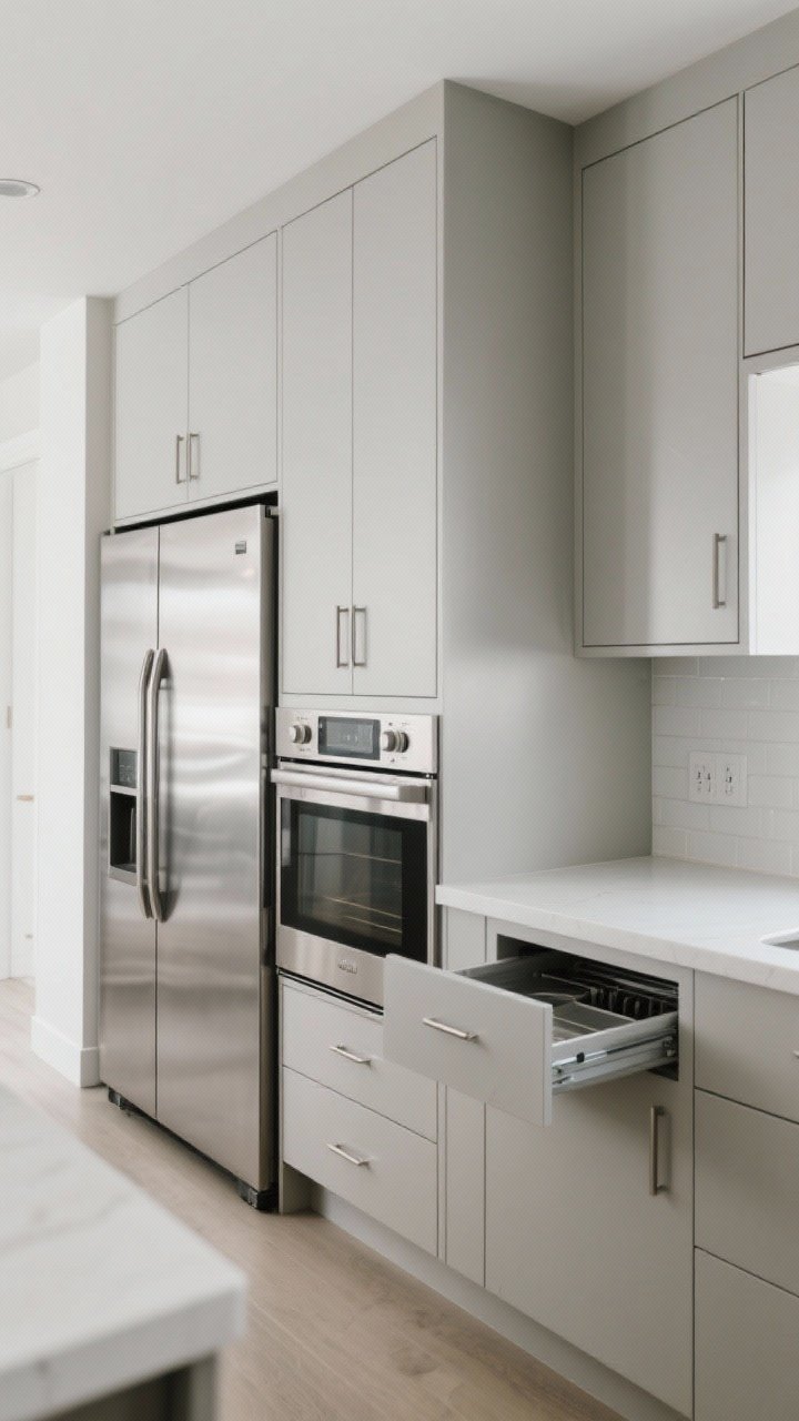 Wide shot of an appliance wall: Streamlined, counter-depth appliances sitting flush—panel-ready fridge matching cabinet fronts, a 24–30 inch stainless range, and a microwave drawer integrated into the base cabinets; consistent finishes (either all panel-ready or unified stainless) to avoid visual noise; clean sightlines with no bulky protrusions stealing walkway space; bright yet calm atmosphere.