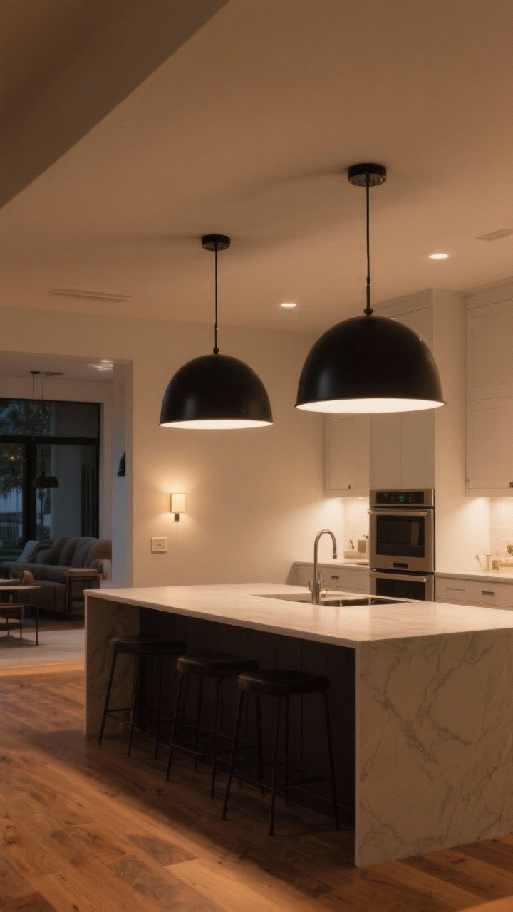 Wide shot of an open-concept kitchen focused on upgraded island lighting: two oversized matte black dome pendants centered over a large island, spaced 36–42 inches apart, with fixture bottoms hanging 30–34 inches above the countertop; include a visible dimmer switch on the wall; warm evening glow with layered ambient light; minimal visual clutter, soft shadows, neutral palette with warm wood flooring; camera from a corner angle to capture pendant scale and zone definition.